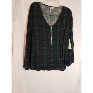 Women's Tacera Green And Blue Plaid Zip Up Blouse Size 1X